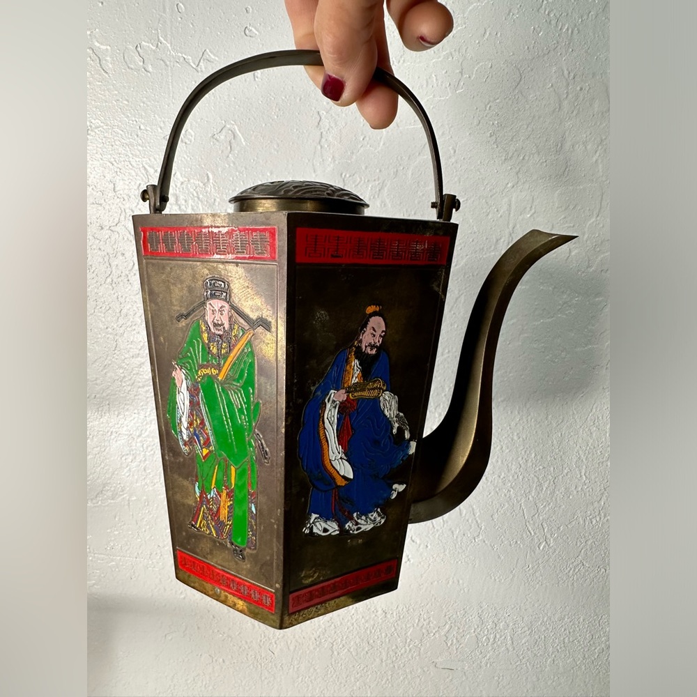 Vintage Brass Teapot in design with 6 panel colorful figures, Made in Taiwan